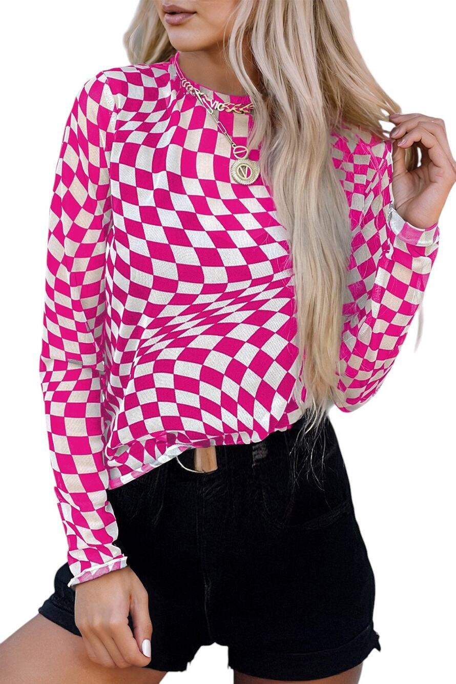 Red White Checkered Pattern Mesh Mock Neck Long Sleeve Top New  Small
